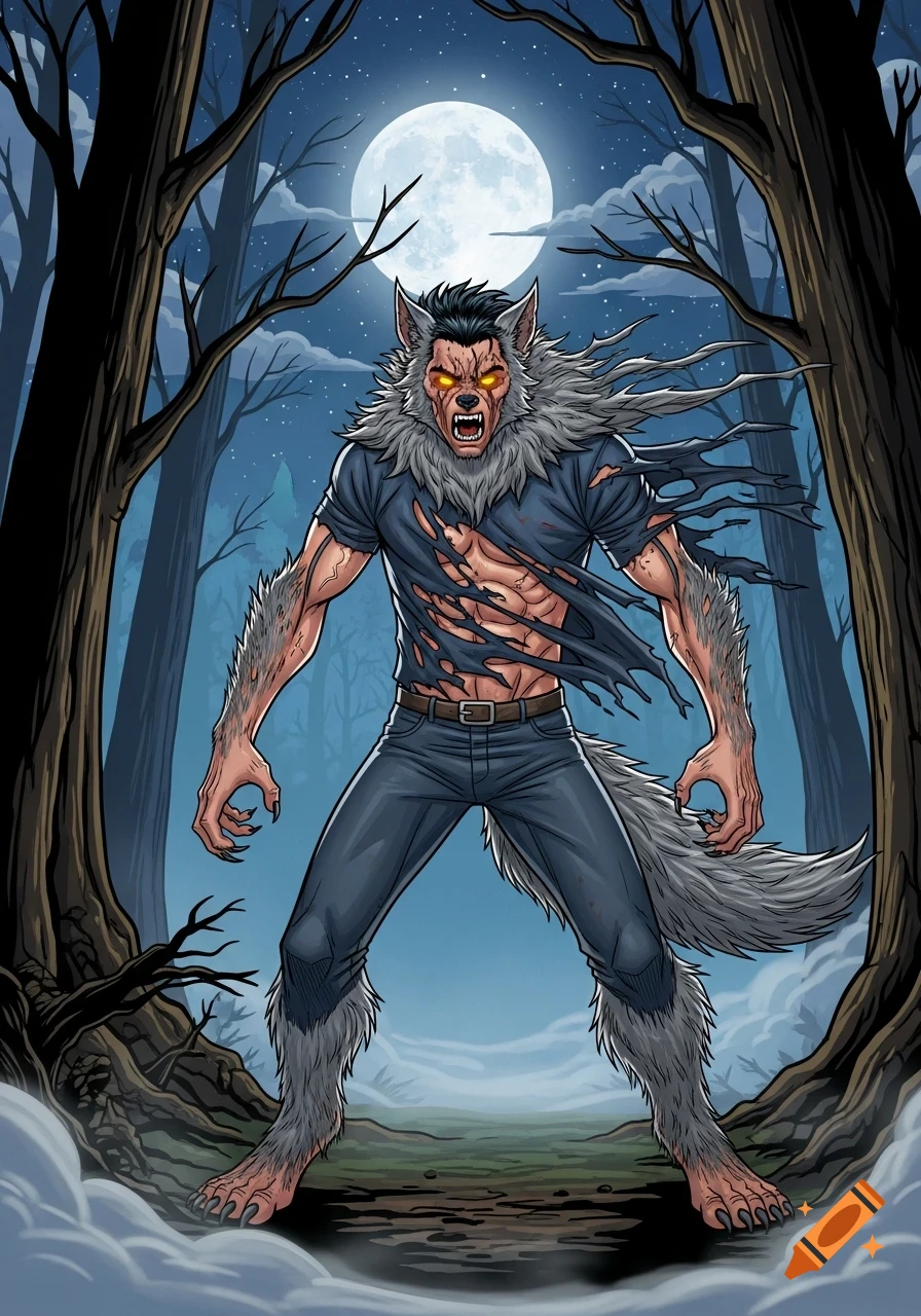A comic-style illustration of a snarling werewolf with glowing eyes, tearing its shirt in a dark forest under a full moon.