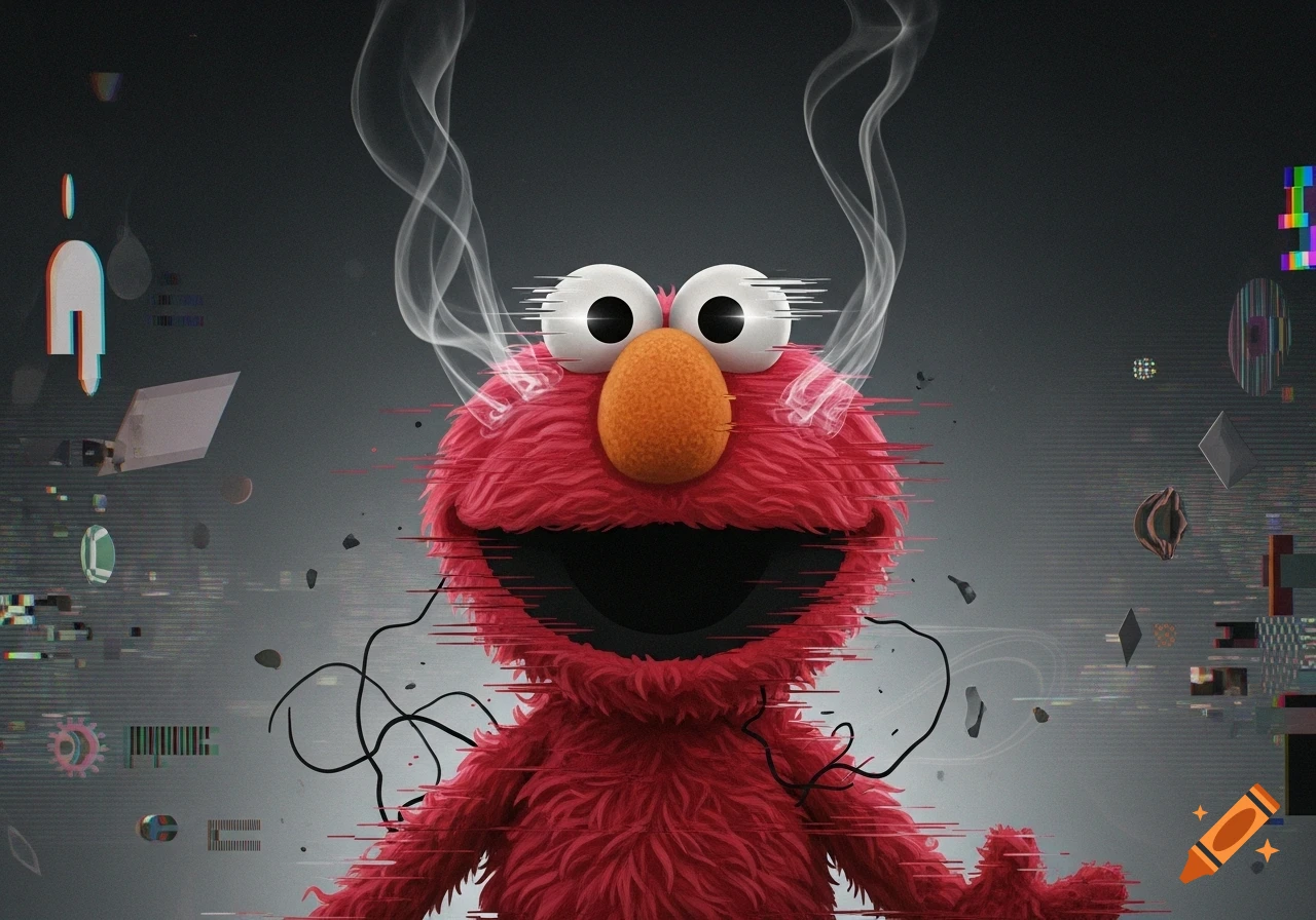 Glitched Elmo with red fur, wide eyes, and open mouth, surrounded by smoke and digital artifacts on a dark background.