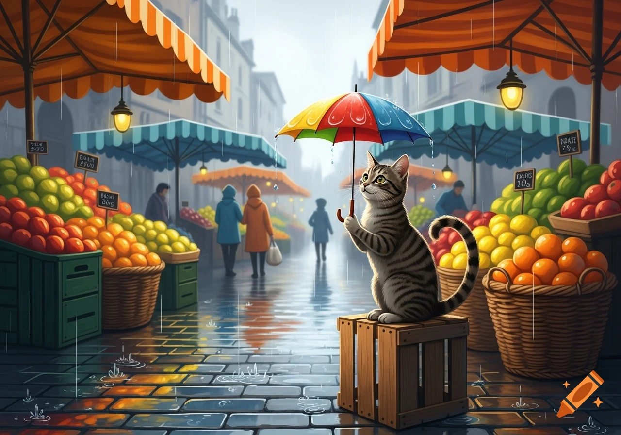 A tabby cat sits on a wooden crate holding a colorful umbrella in a rainy fruit market with fruit stalls and people.