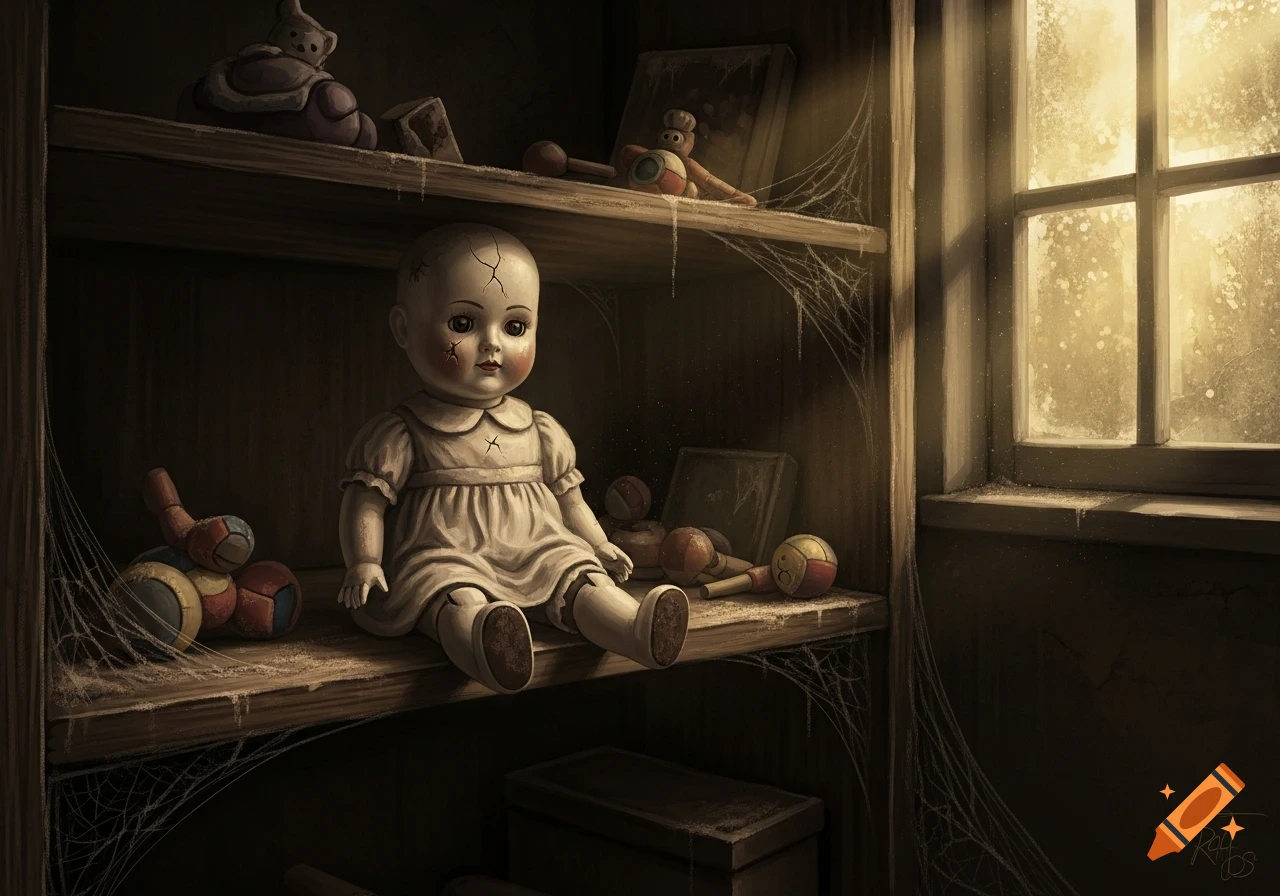 A cracked porcelain doll in a white dress sits on a dusty wooden shelf with cobwebs, lit by light from an old window, evoking an eerie atmosphere.
