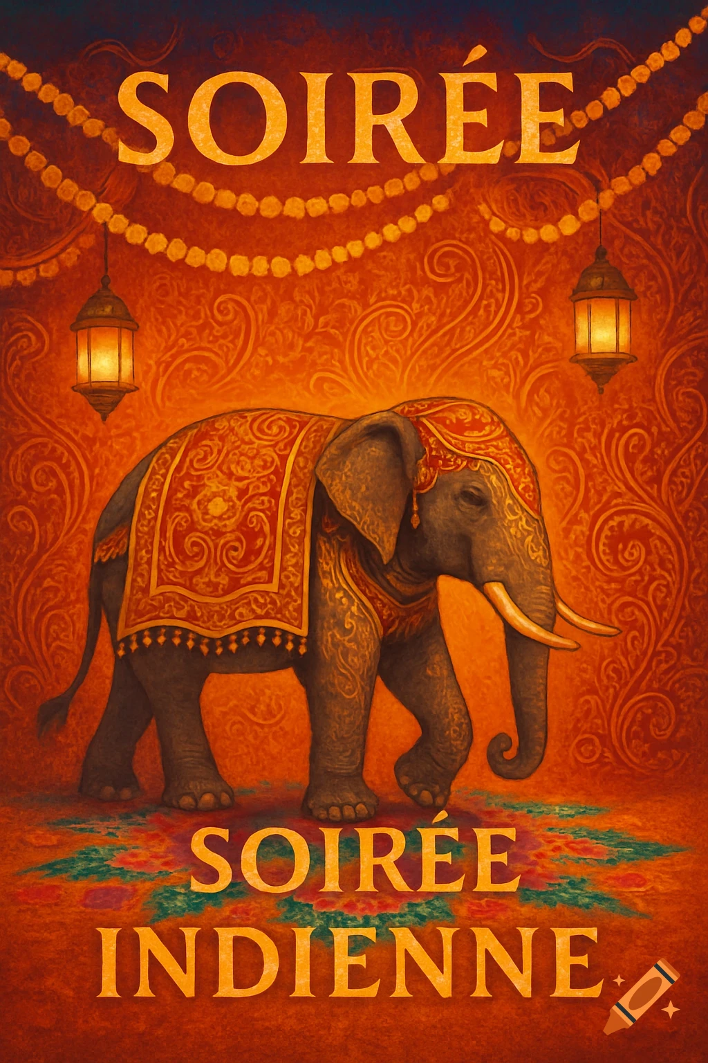 Poster for an Indian evening with a decorated elephant on a vibrant orange, patterned background, flanked by lanterns and garlands.