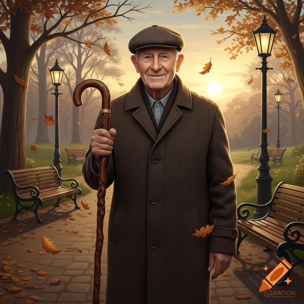 An elderly man in a brown coat and cap smiles while holding a walking stick in an autumn park at sunset.