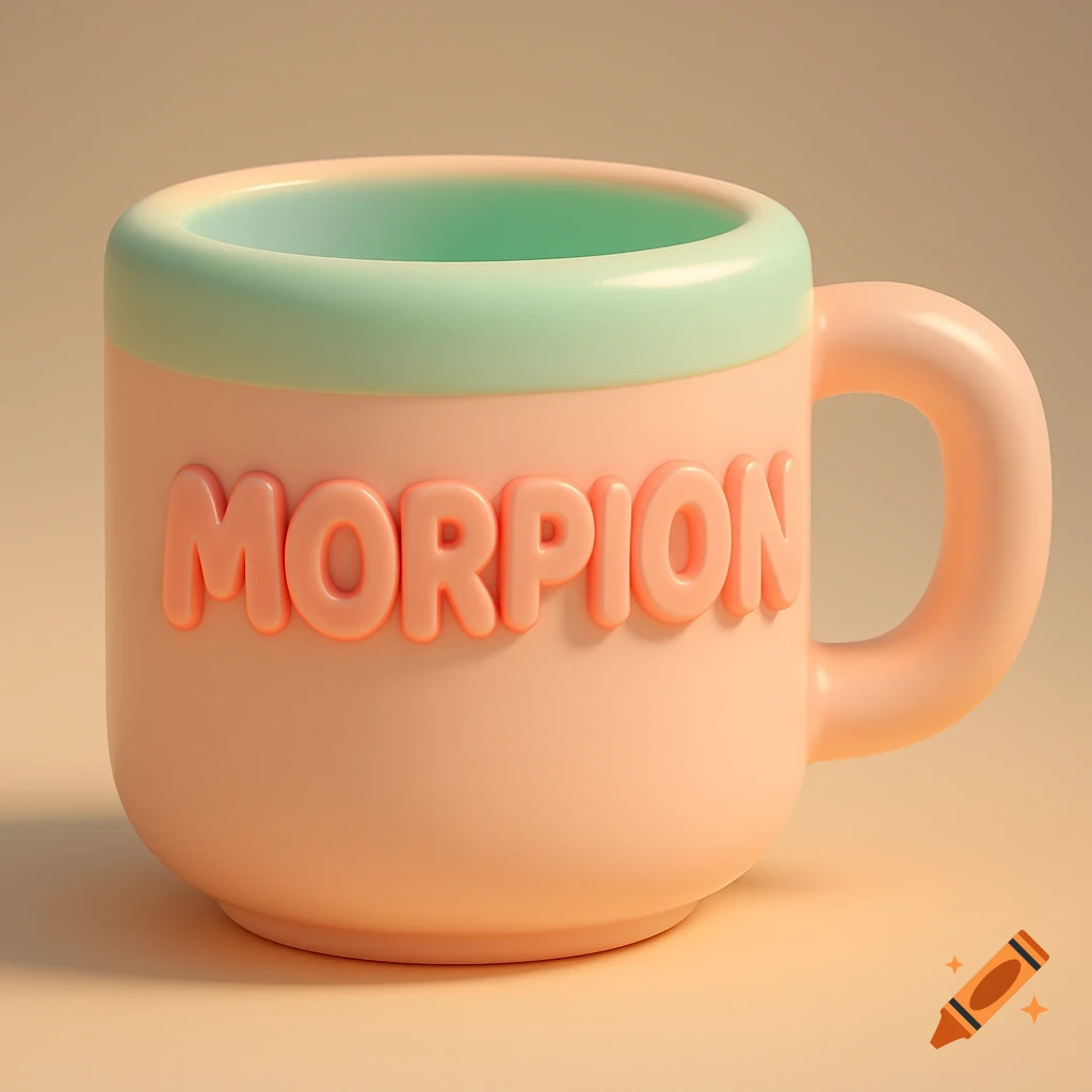 A pastel pink and mint green 3D rendered mug with the word MORPION embossed on its side.