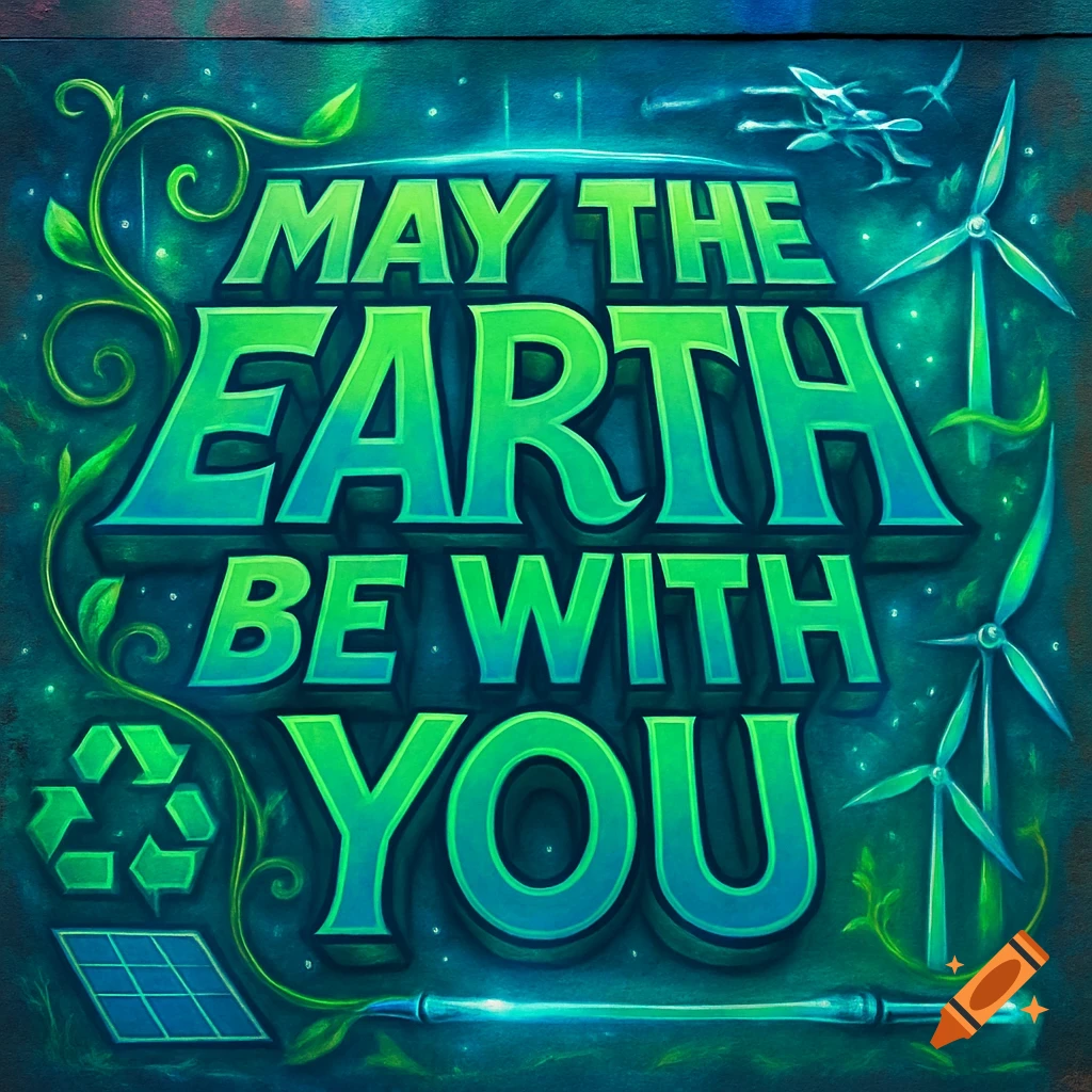 Graffiti art reads 'May the Earth be with you' in green and blue, surrounded by recycling, solar panels, wind turbines, and futuristic elements.