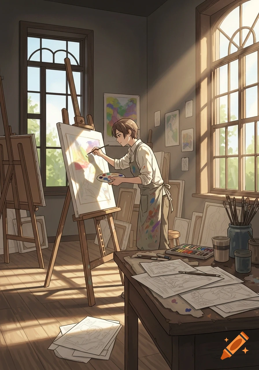 An anime-style artist in a sunlit studio paints on an easel, surrounded by canvases, paints, and art supplies.