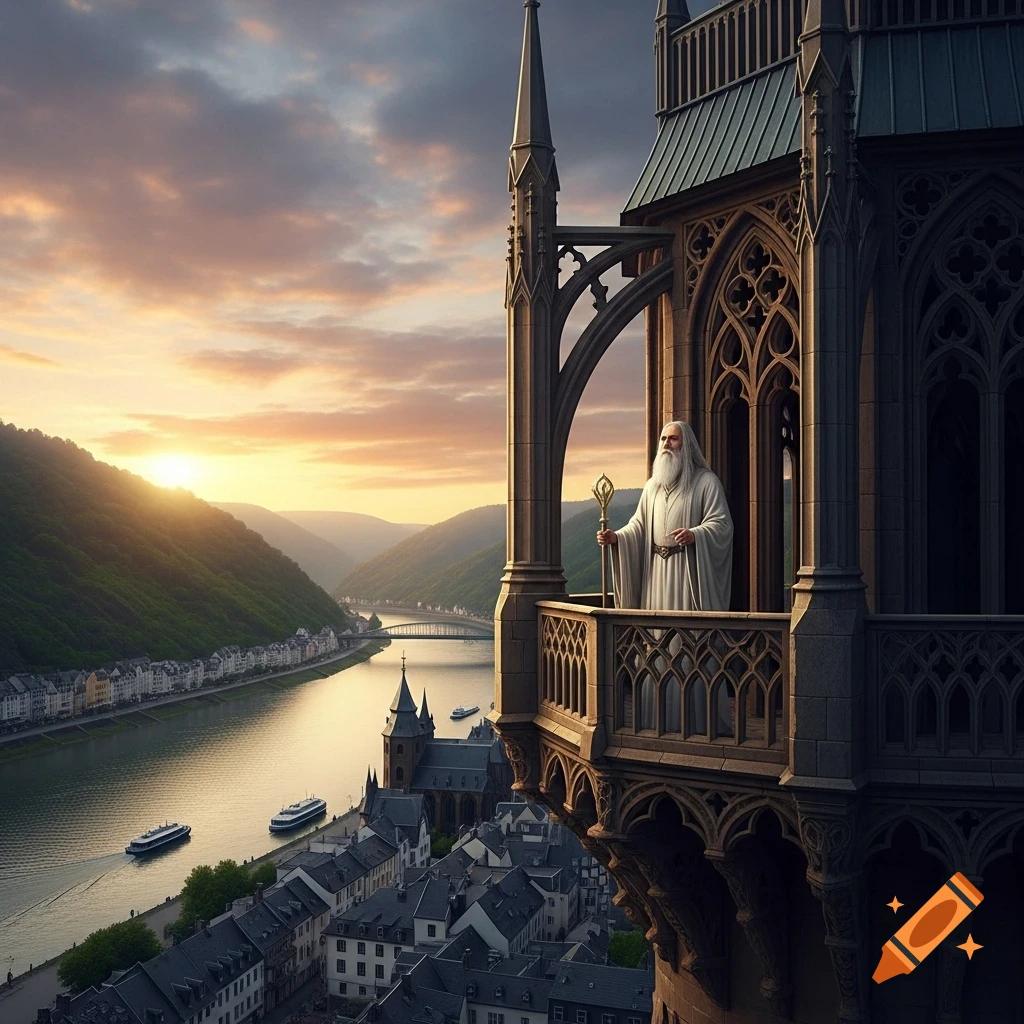 A white-robed wizard stands on a gothic tower balcony overlooking a river, town, and mountains at sunset.