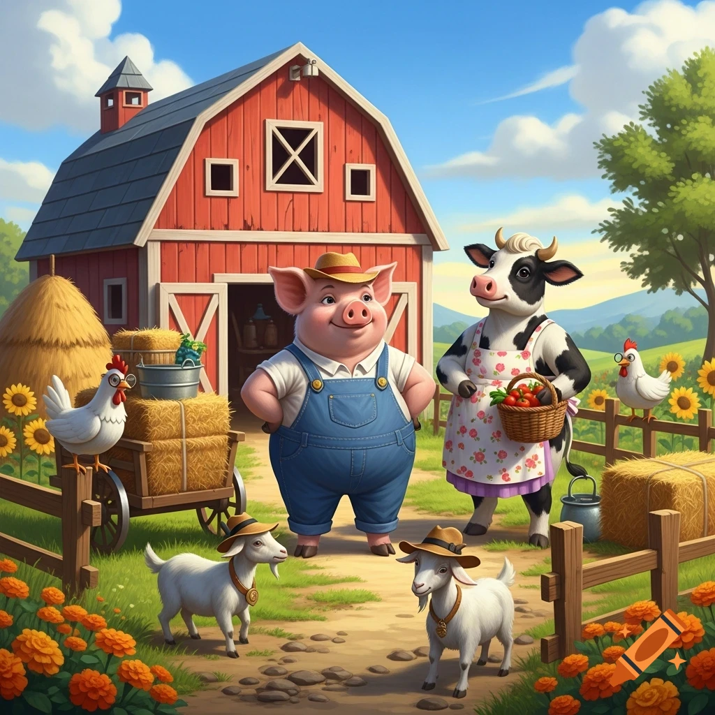 A colorful cartoon farm scene featuring anthropomorphic animals: a pig, a cow, two goats, and two chickens, in front of a red barn.