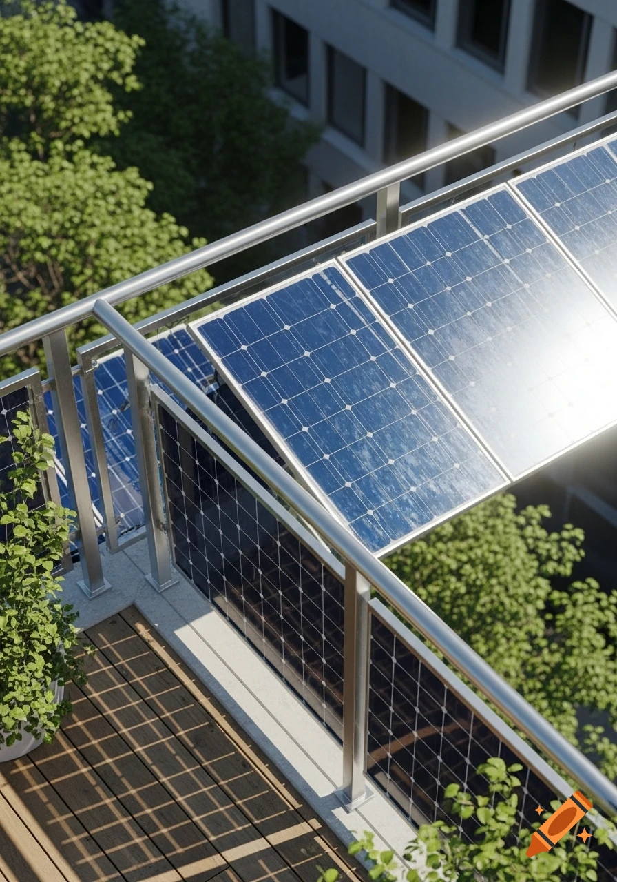 Overhead view of a modern balcony railing with integrated solar panels, surrounded by green trees and buildings.