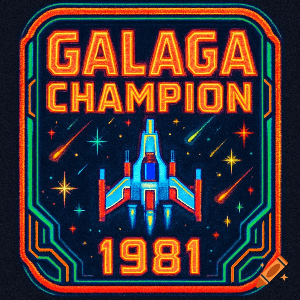 Colorful retro-style arcade patch featuring a spaceship and stars with the text "GALAGA CHAMPION 1981".