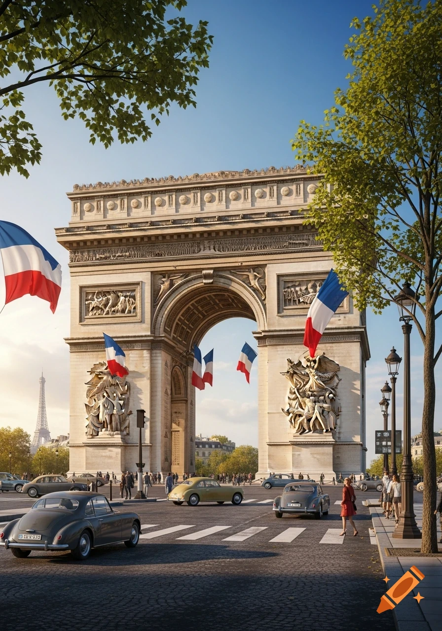 Photorealistic view of the Arc de Triomphe in Paris with classic cars on a sunny street, people walking.
