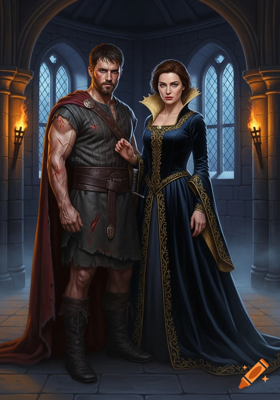 A scarred man in a tattered tunic and red cape stands beside a woman in an ornate dark blue and gold gown inside a castle. Photorealistic.