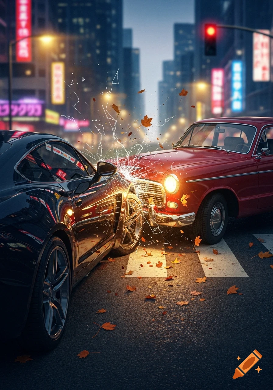 Photorealistic image of a black sports car crashing into a red vintage car on a city street at night, with shattered glass and autumn leaves.