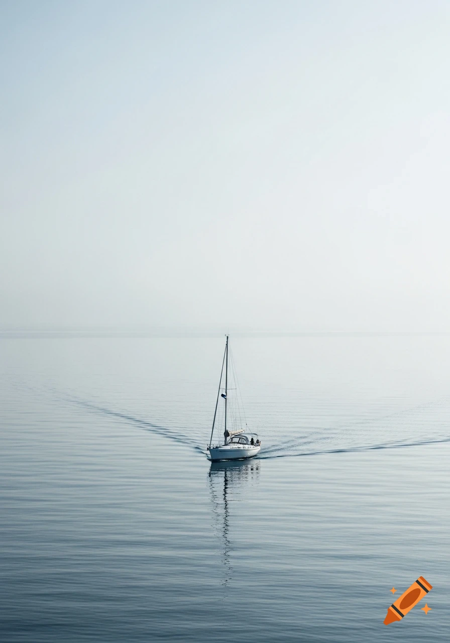 A lone sailboat glides across calm, blue-grey water under a bright, clear sky, leaving a gentle wake.