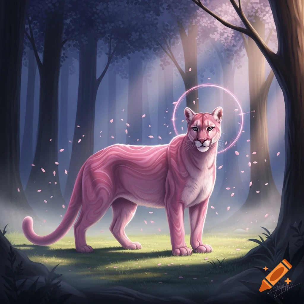 A fantastical pink puma with a glowing halo stands in a mystical forest ...