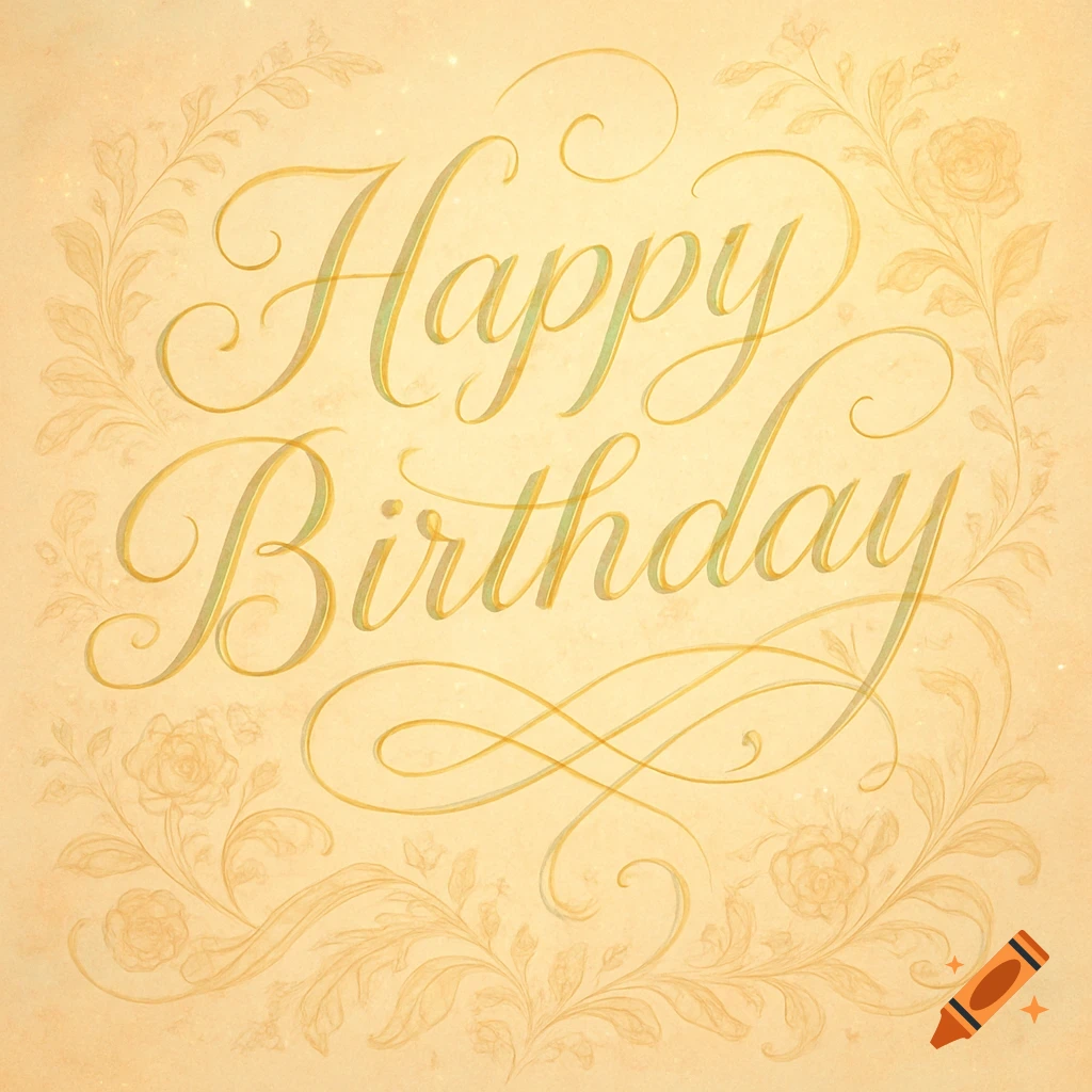 Gold calligraphy script spelling "Happy Birthday" on a textured beige background, framed by subtle floral and leafy borders.