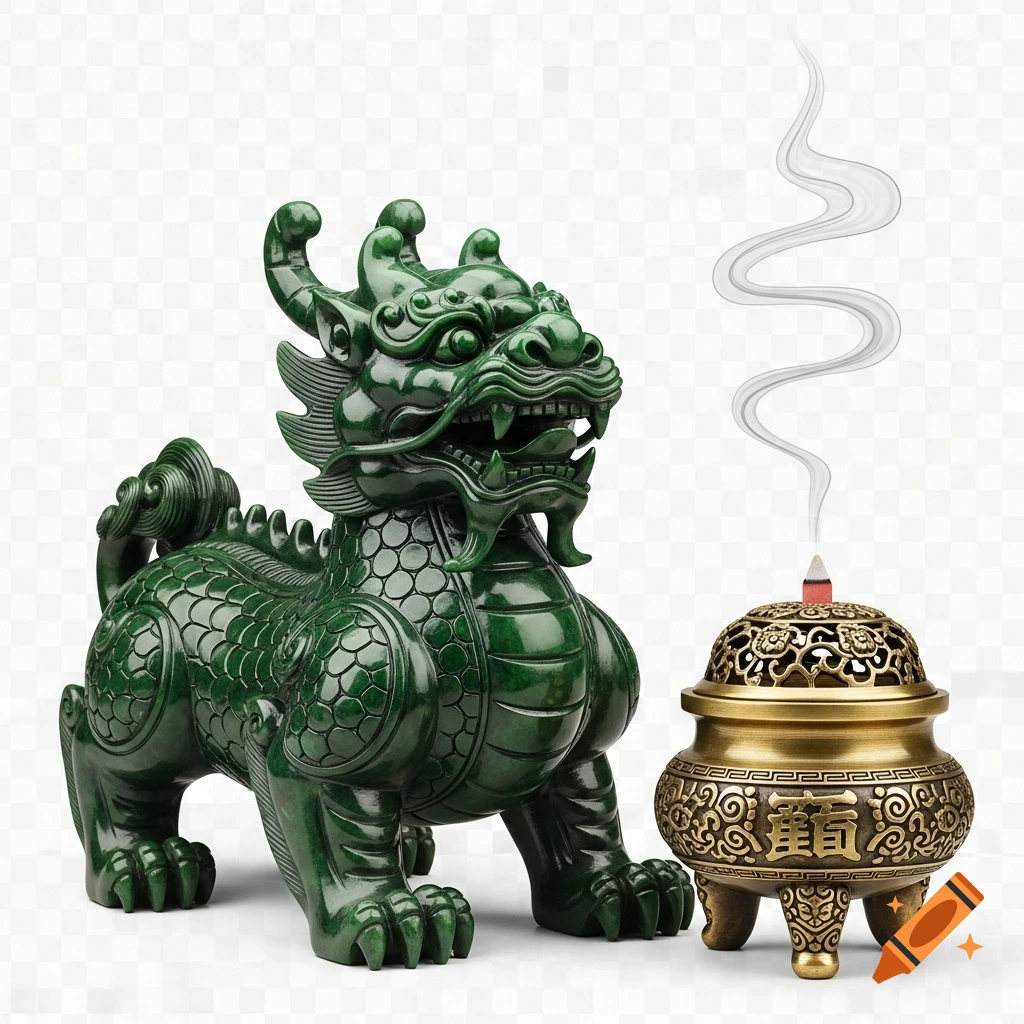 A fierce green jade Pixiu statue next to a golden ornate incense burner emitting white smoke on a transparent background.
