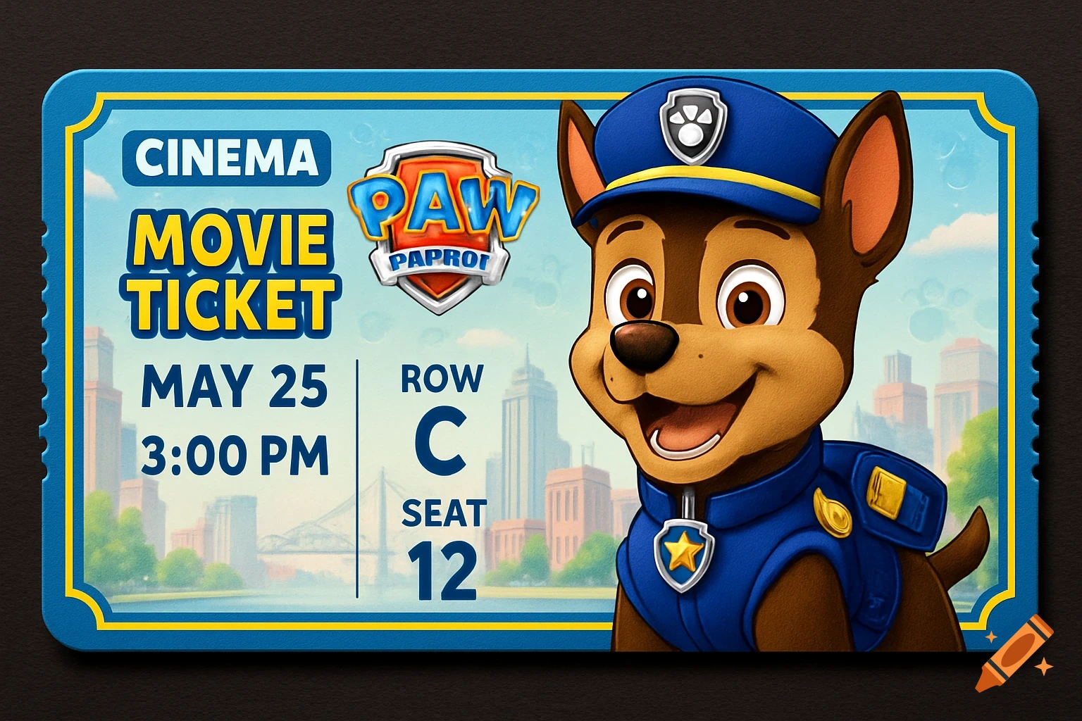 A blue and yellow cartoon movie ticket featuring Chase from Paw Patrol in uniform, with cinema details and a cityscape background.