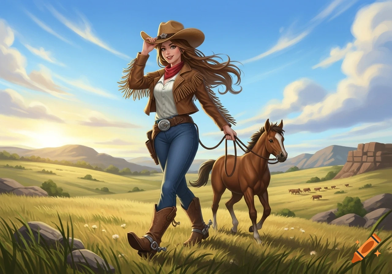 A stylized cowgirl in a brown jacket and hat walks a brown foal through a sunny, grassy field with hills and clouds.
