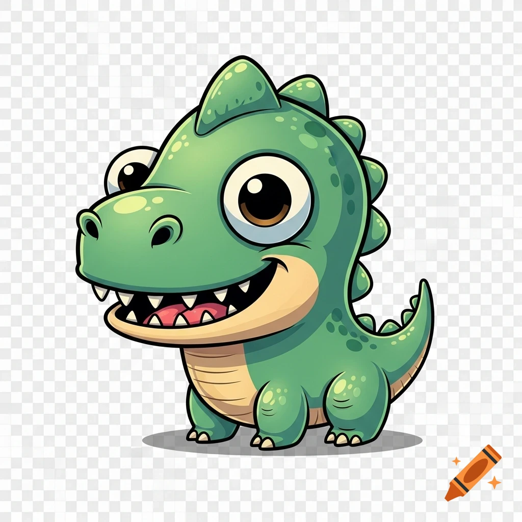 A cute green cartoon dinosaur with large eyes and a happy smile, standing on a transparent background.