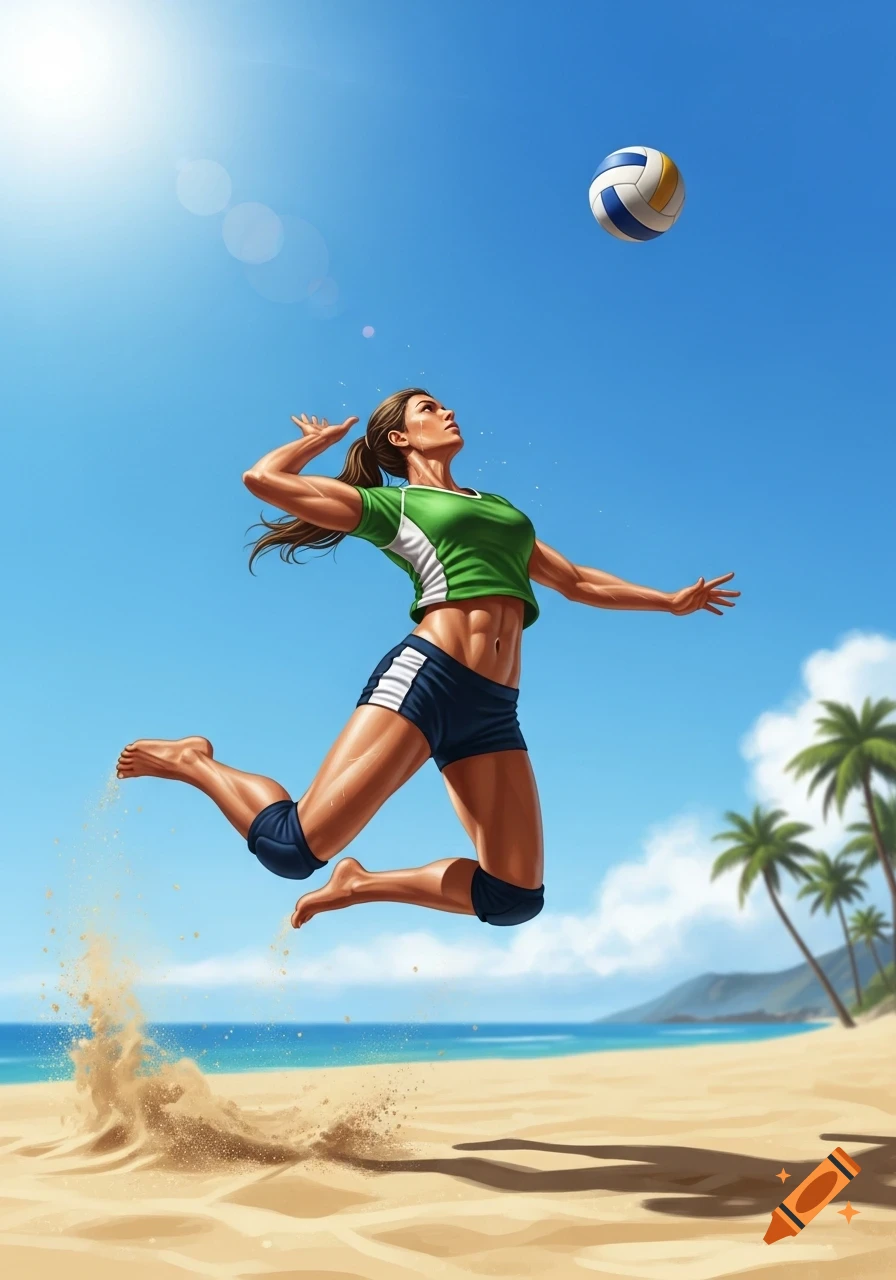 An athletic woman in a green top and blue shorts jumps to hit a volleyball on a sunny beach, kicking up sand.