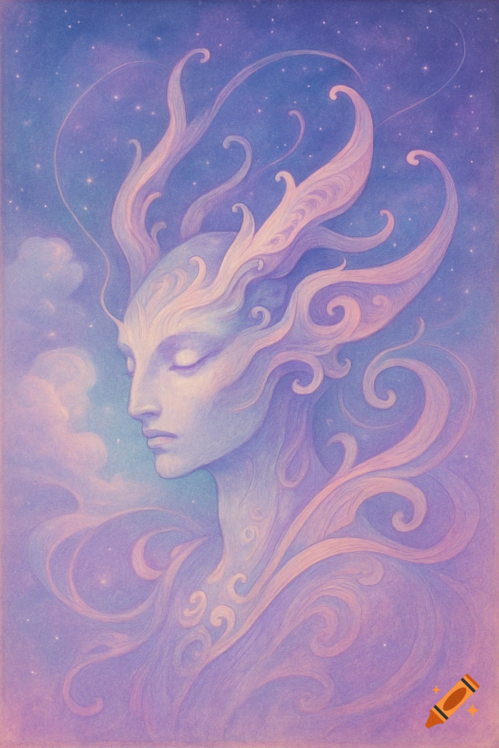 Profile portrait of a serene, ethereal figure with closed eyes, surrounded by flowing, decorative elements in soft purple and pink hues, against a starry sky.