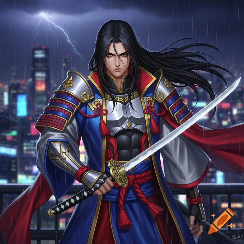 A long-haired anime male character in intricate samurai armor holds a katana in a rainy city under lightning.
