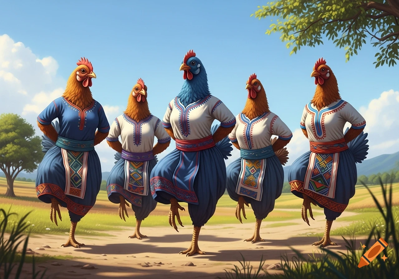 Five humanoid chickens in colorful traditional clothing dance with one leg raised in a rural landscape under a blue sky.