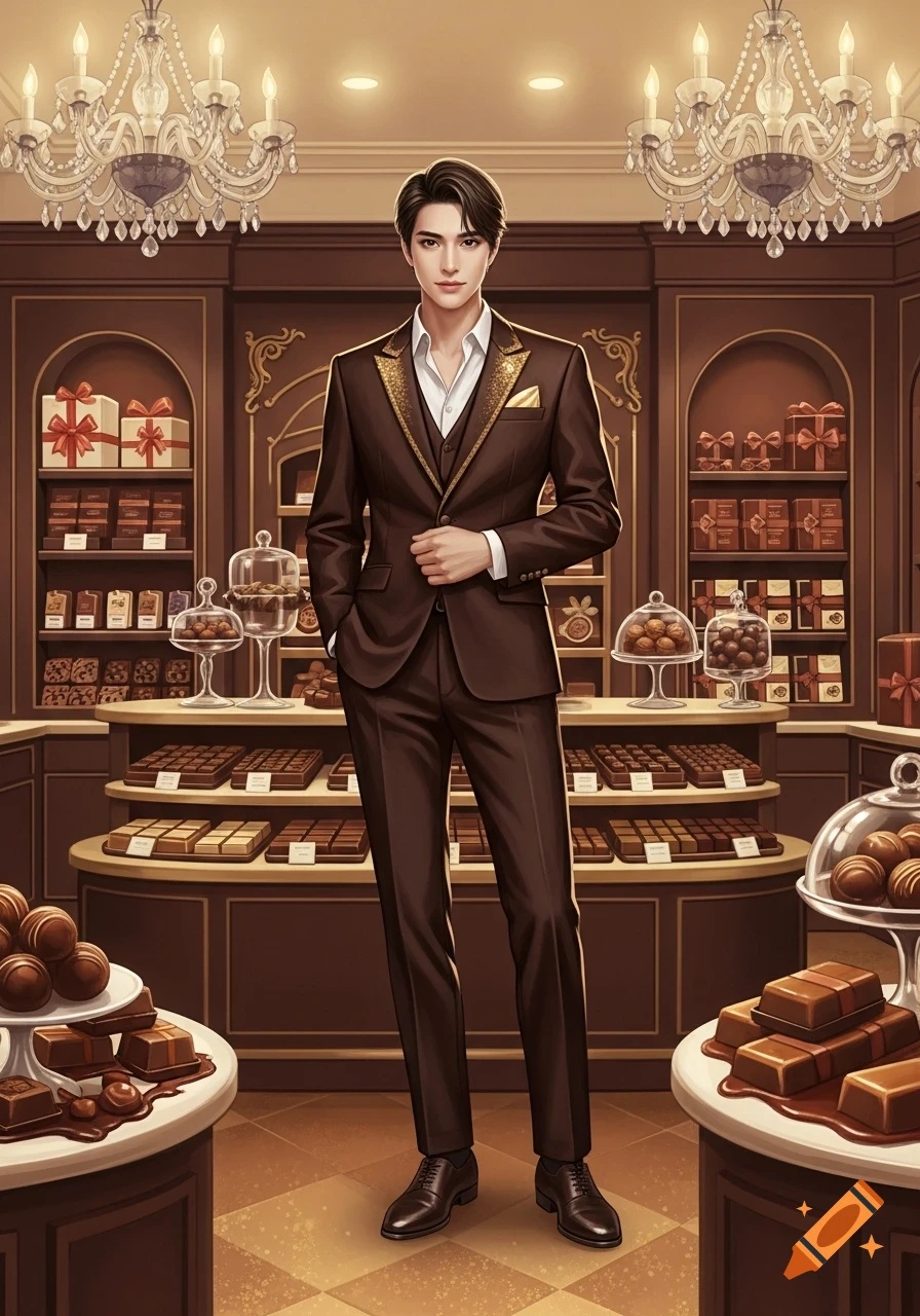 An elegant man in a brown suit with gold accents stands in a luxurious chocolate shop filled with displays of chocolates.