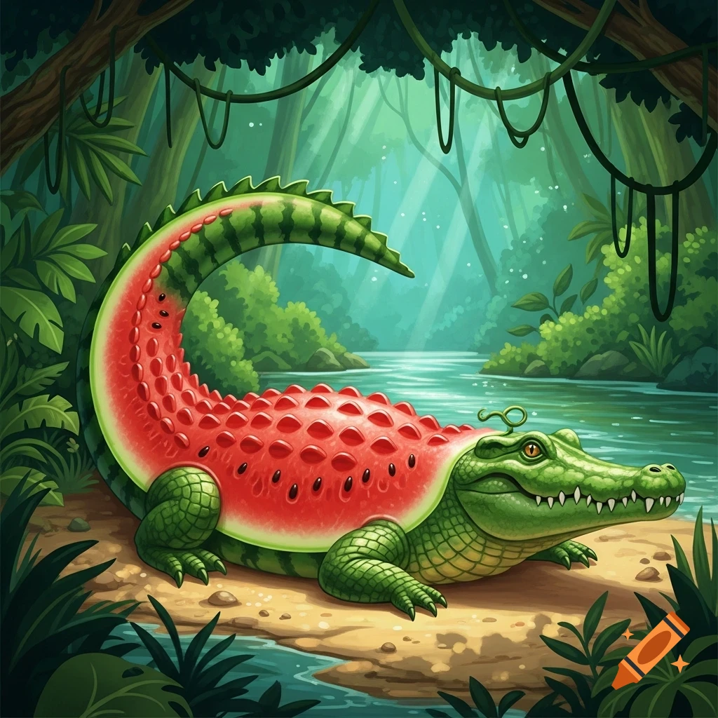 A cartoonish crocodile with a red watermelon body and green scales, lying by a river in a lush jungle.