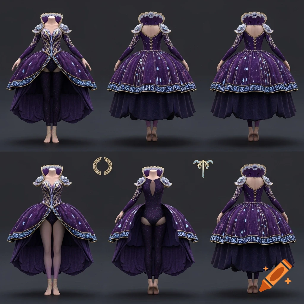 Hyper-detailed 3D render of a midnight-purple opulent princess gown-leotard hybrid, adorned with moonstones, crystals, and gold embroidery, displayed from multiple angles on headless mannequins.