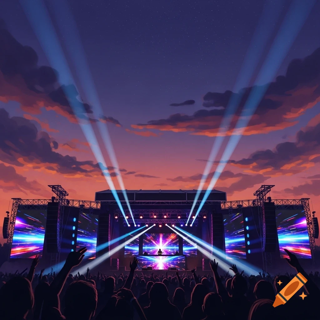 Vibrant outdoor concert stage with a DJ, bright spotlights, colorful screens, and a silhouetted crowd under a sunset sky.