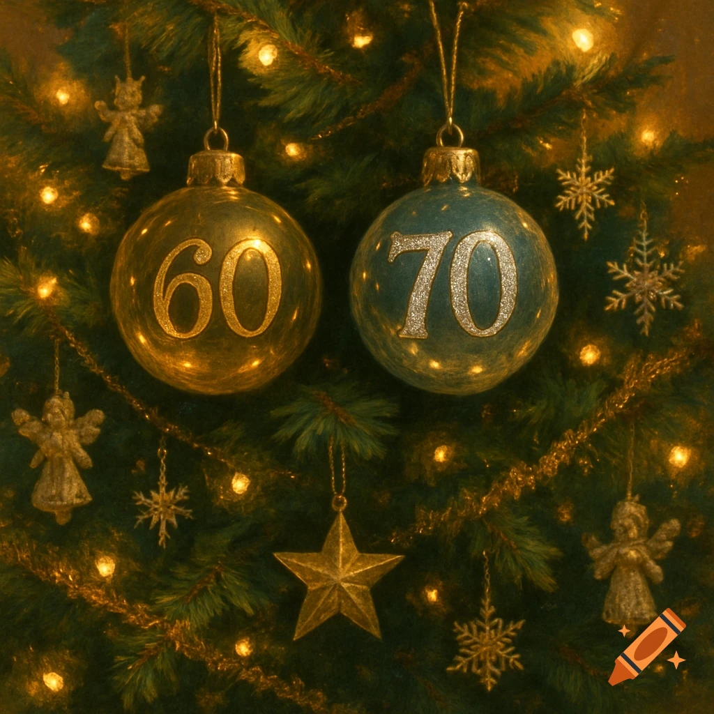 Close-up of a Christmas tree with glowing lights and various ornaments, including a gold bauble marked "60" and a blue bauble marked "70".