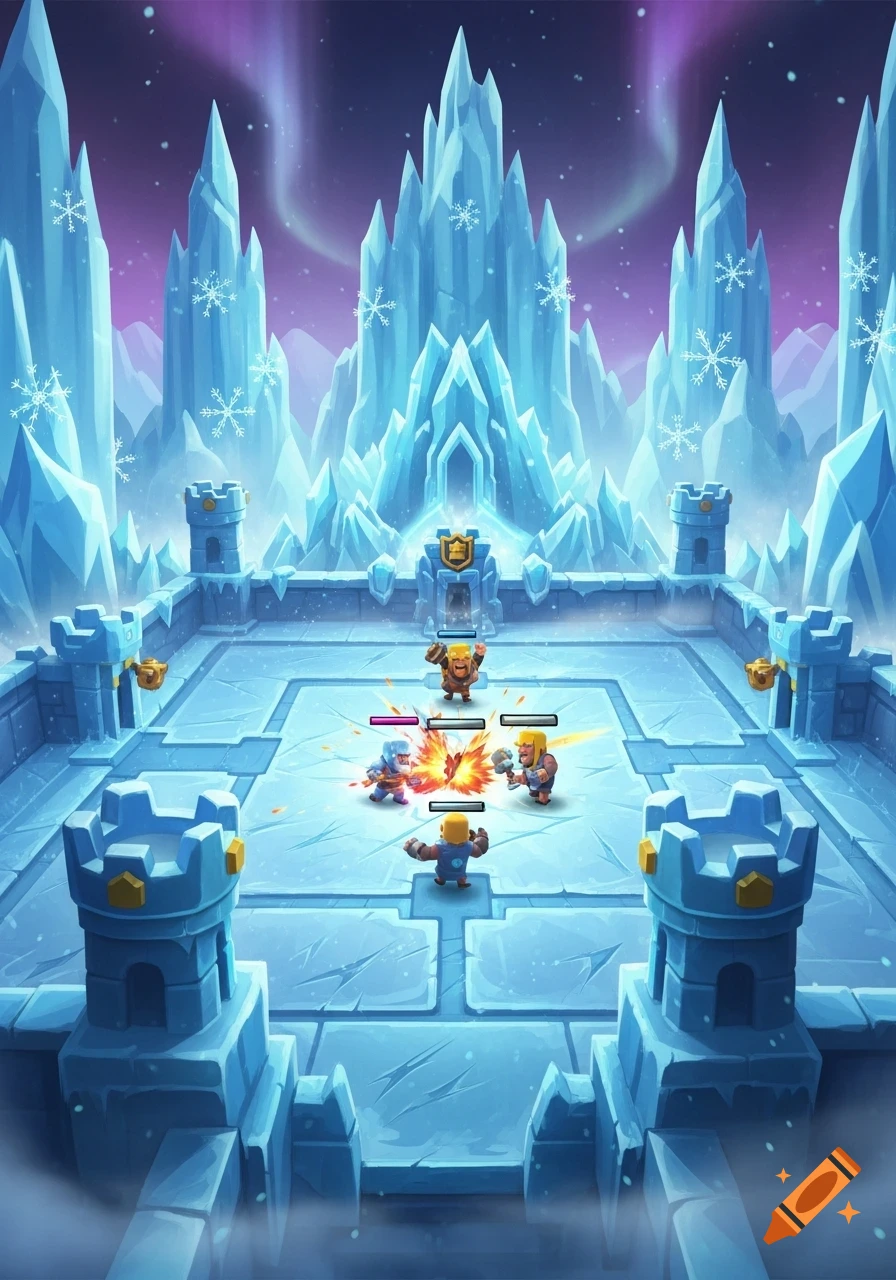 Cartoon ice arena battle with small armored characters fighting, ice castles in background under a purple sky with aurora.