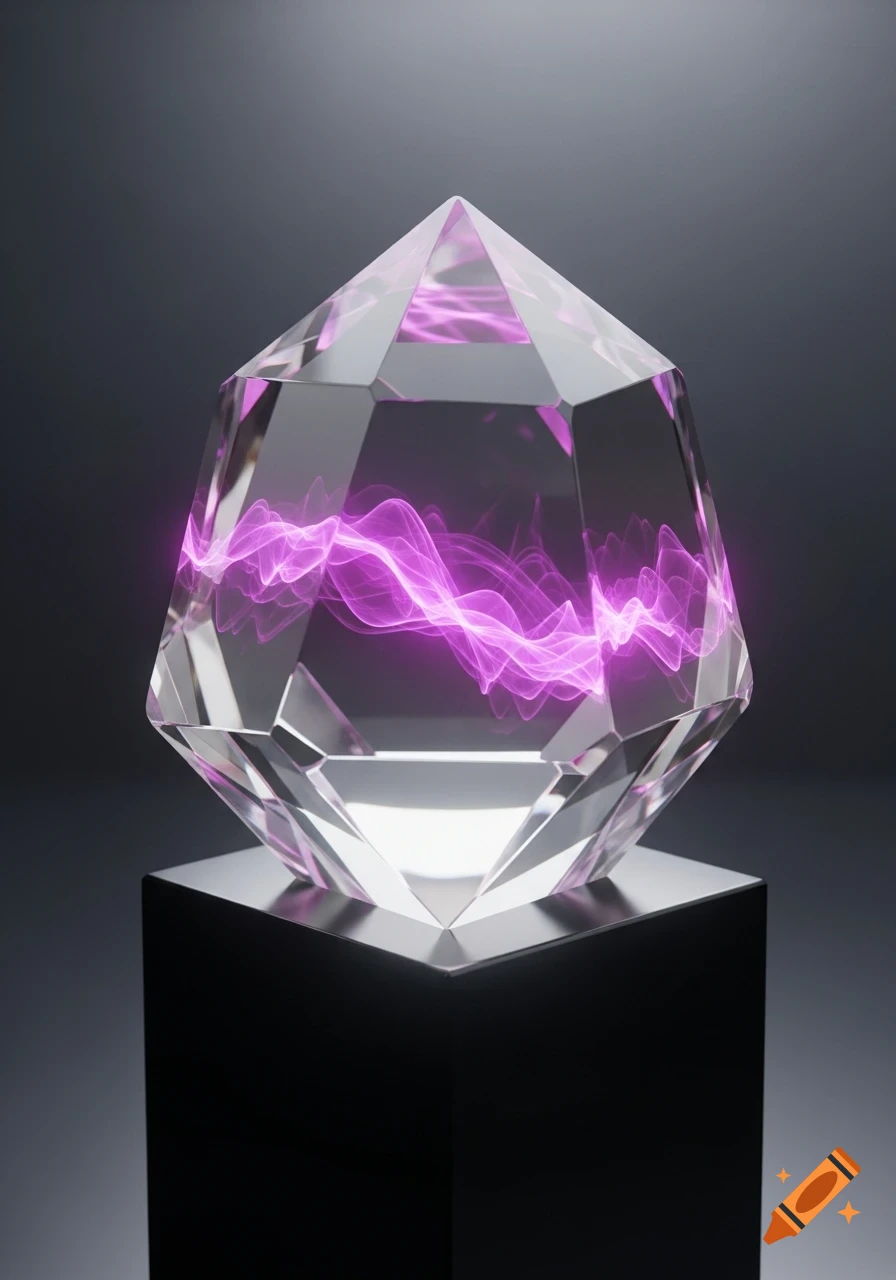 A clear, faceted crystal with a wispy, glowing magenta light inside, standing on a black pedestal.