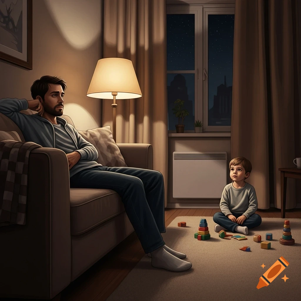 A man sits on a sofa while a child plays with colorful blocks on the floor in a dimly lit living room at night.