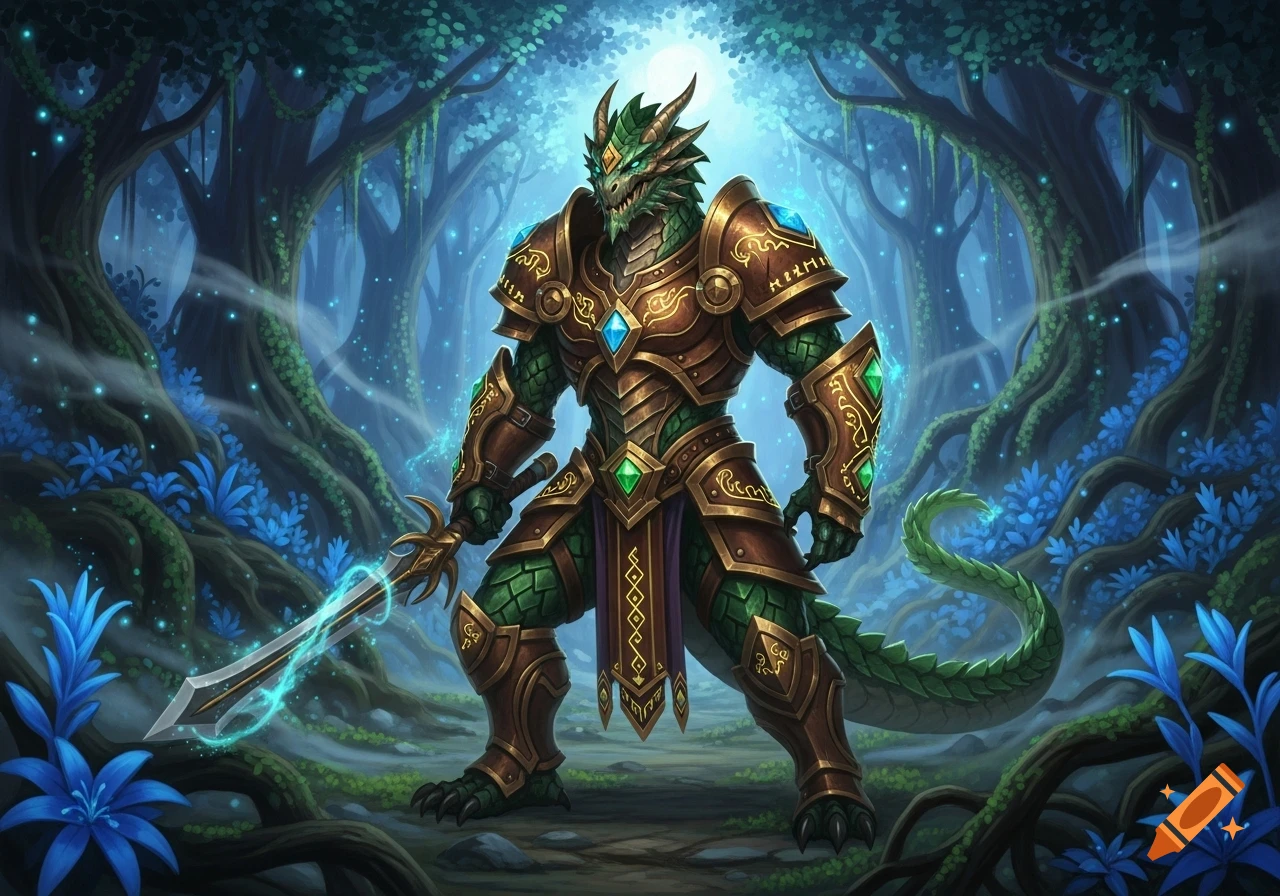 A green dragonborn warrior in ornate bronze armor with glowing blue accents stands holding a glowing sword in an enchanted forest.
