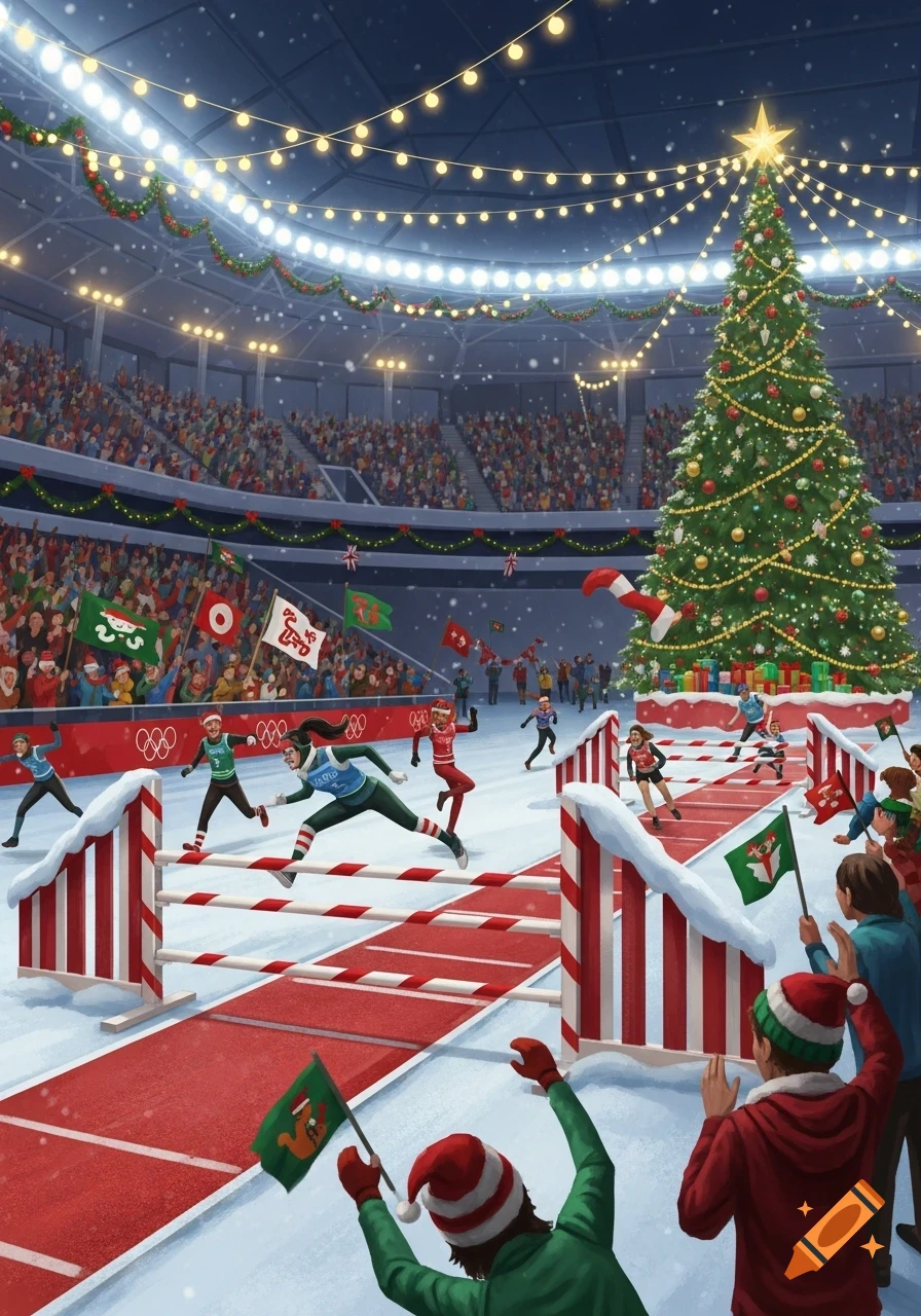 A festive winter stadium hosts an agility competition with athletes dressed as elves, a large Christmas tree, and cheering spectators.