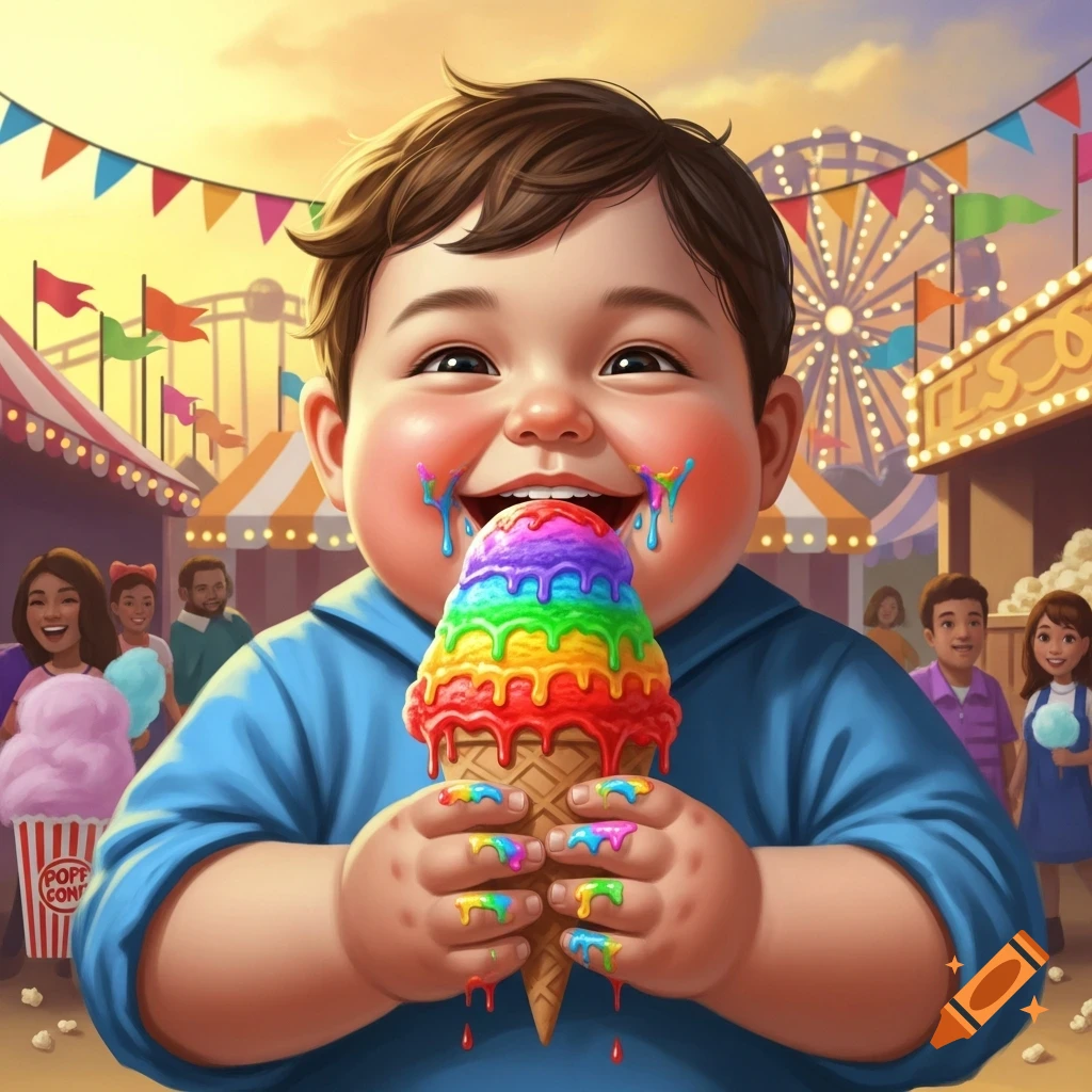 A happy, chubby child covered in melted rainbow ice cream holds a large, colorful ice cream cone at a vibrant carnival.
