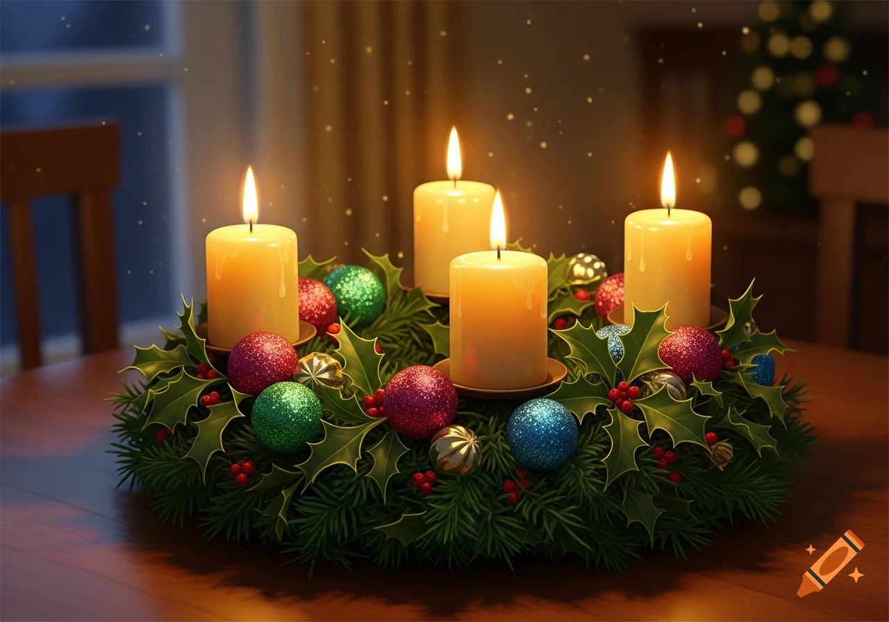 Festive Advent wreath with four lit candles, holly, berries, and sparkly ornaments on a wooden table.