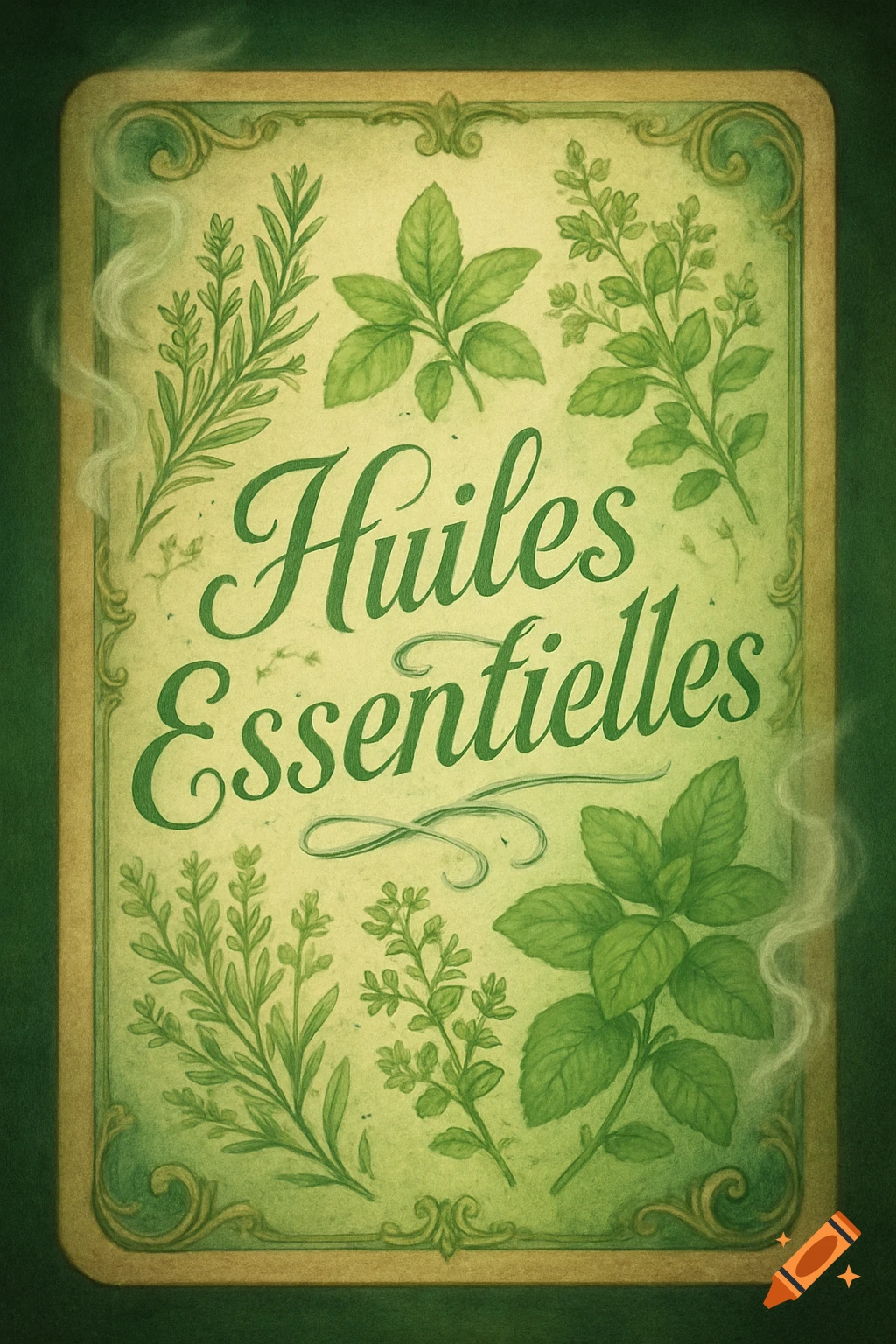 A vintage-style green illustration of a portrait card with 'Huiles Essentielles' text surrounded by various green herbs and plants.