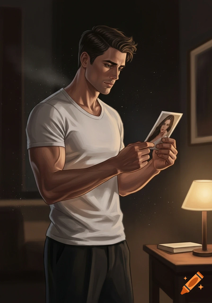 A sad, handsome man in a white t-shirt looks at a photo of a woman in a dimly lit, illustrative scene.