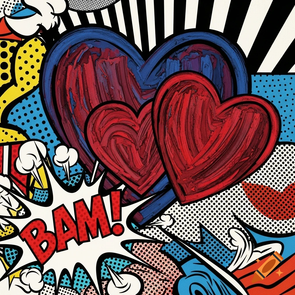 Vibrant pop art illustration with large textured red and blue hearts, speech bubble with "BAM!", and comic-style halftone dots.