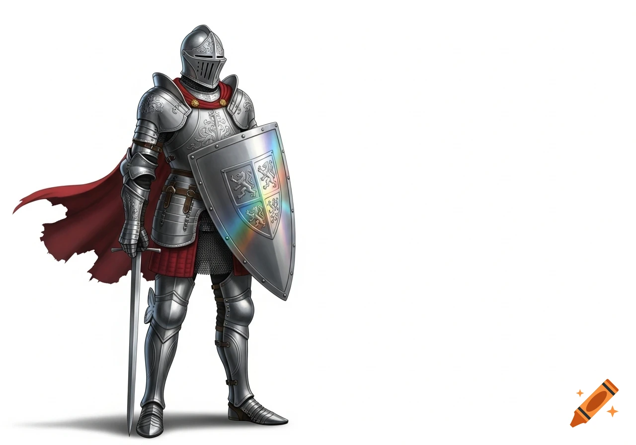 A detailed illustration of a medieval knight in shining full plate armor, holding a sword and a shield with a lion crest, on a white background.