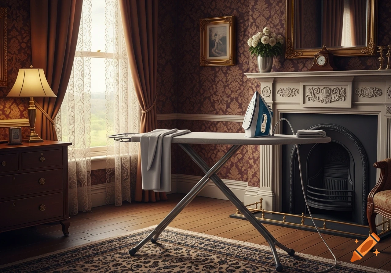 A photorealistic image of an ironing board with an iron and clothes in a luxuriously decorated room with a fireplace and large window.