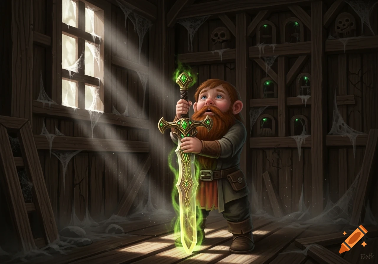 A dwarven child with a red beard holds a glowing green sword in a dusty, abandoned wooden shack, bathed in sunlight.