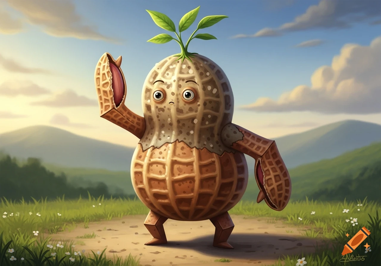 A cartoon peanut-potato creature with leaves on its head and surprised eyes, raising one arm, stands on a path in a grassy field.