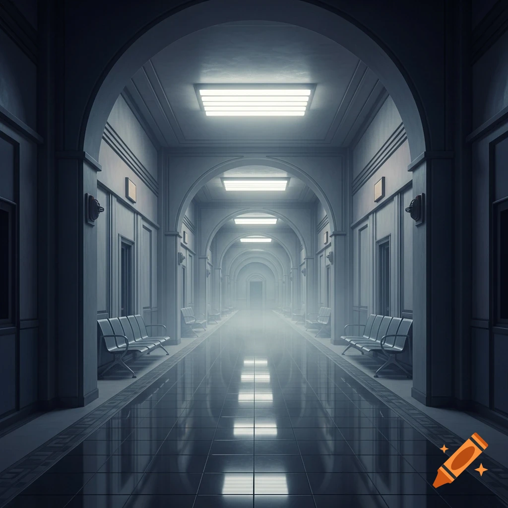 A long, empty, dreamlike hallway with arched doorways, fluorescent lights, and a reflective floor, depicting a liminal space.