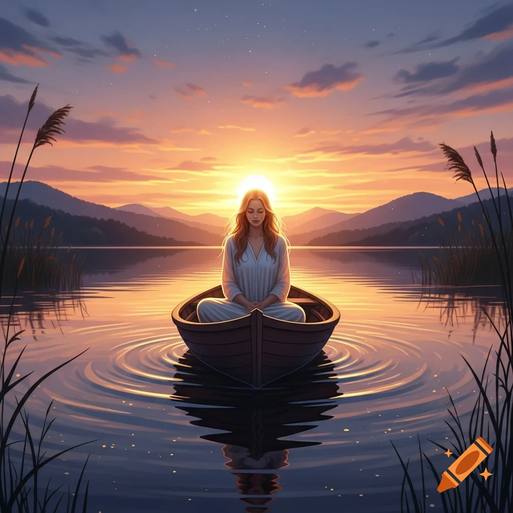 A woman meditates in a boat on a serene lake at sunset, with mountains in the distance and reeds, in a digital painting style.