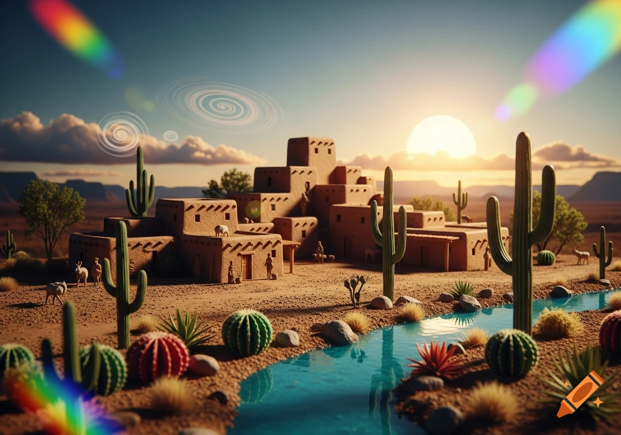 Surreal diorama of a pueblo village in a desert with cacti, a river, and swirling sky patterns at sunset.