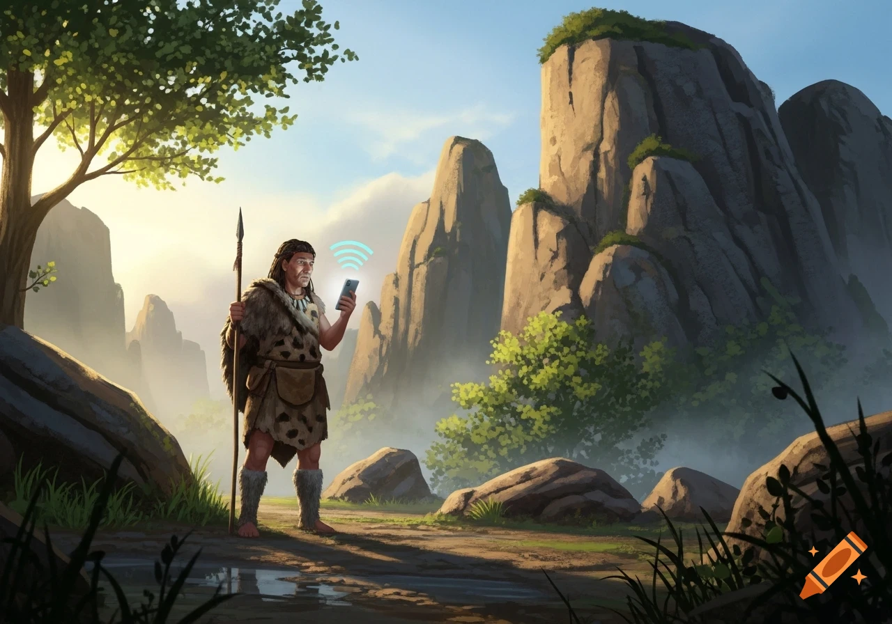 A caveman in fur clothes with a spear stands in a prehistoric mountainous landscape, checking a glowing smartphone.
